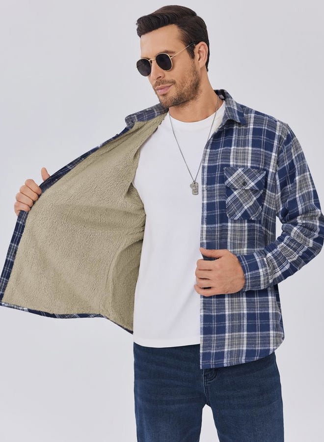 COOFANDY Men's Sherpa Lined Flannel Shirt Jacket Long Sleeve Button Up Fleece Plaid Shirts, Navy/Orange, M - Image 3