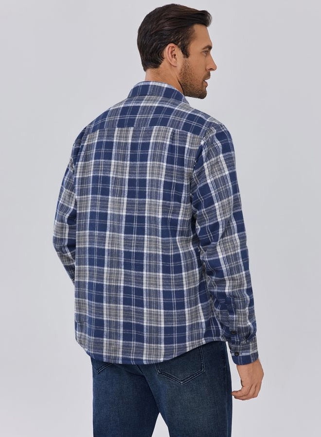 COOFANDY Men's Sherpa Lined Flannel Shirt Jacket Long Sleeve Button Up Fleece Plaid Shirts, Navy/Orange, M - Image 5