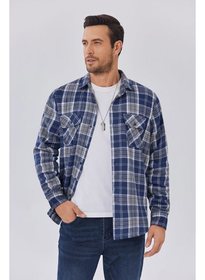 COOFANDY Men's Sherpa Lined Flannel Shirt Jacket Long Sleeve Button Up Fleece Plaid Shirts, Navy/Orange, M - Image 4