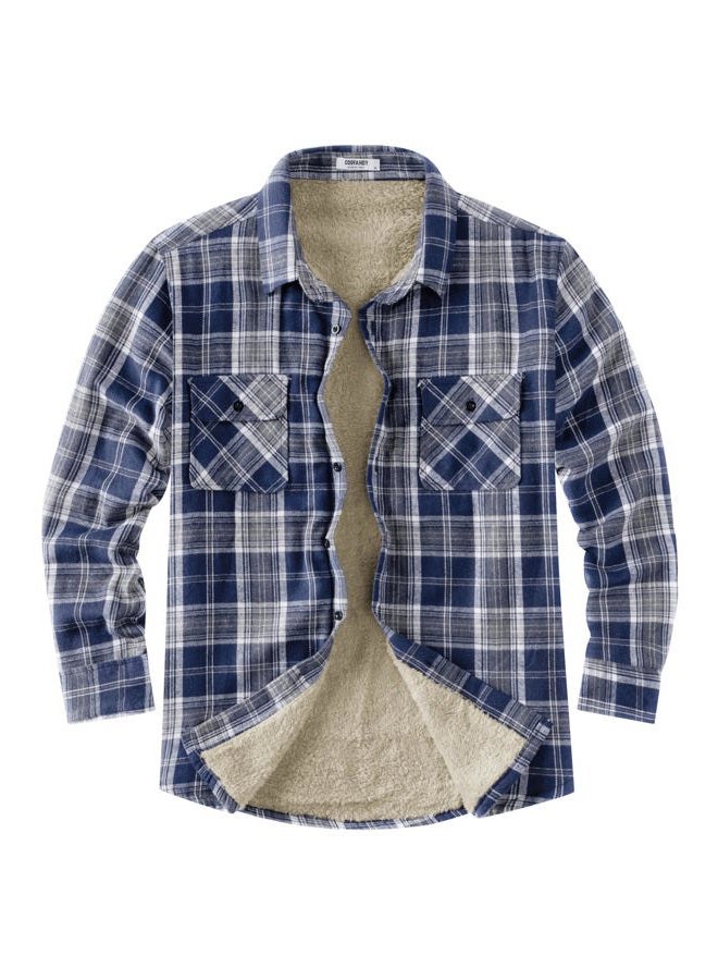 COOFANDY Men's Sherpa Lined Flannel Shirt Jacket Long Sleeve Button Up Fleece Plaid Shirts, Navy/Orange, M - Image 1