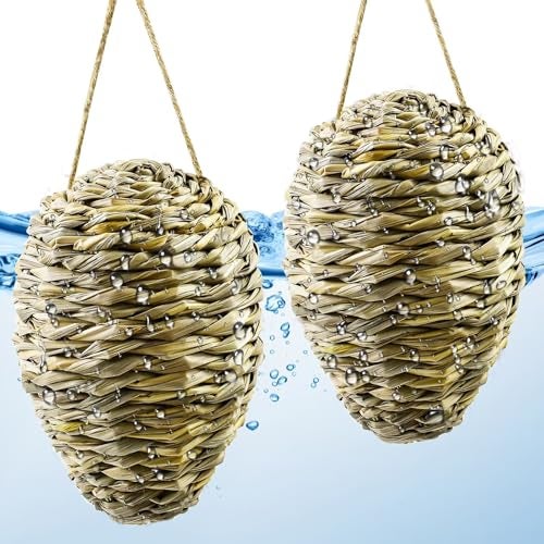 Waybas 2 Pack Woven Reed Crochet Wasp Nest Decoy, Faux Hanging Wasp Hornets Hive Nests Artificial Fake Wasp Nest Decoy Decoration for Patio Eaves Yard Home, 6×4 Inch - Image 1