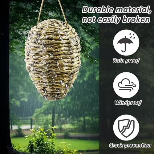 Waybas 2 Pack Woven Reed Crochet Wasp Nest Decoy, Faux Hanging Wasp Hornets Hive Nests Artificial Fake Wasp Nest Decoy Decoration for Patio Eaves Yard Home, 6×4 Inch - Image 3