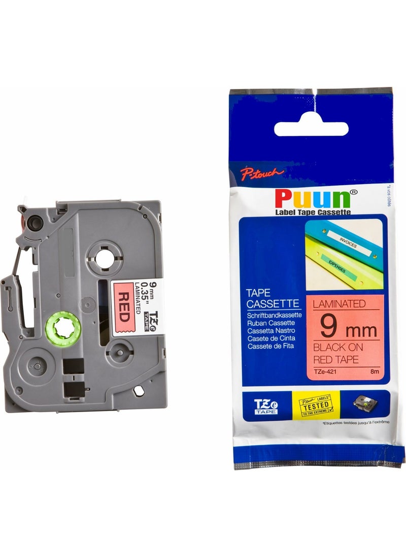 Puun Brother P-Touch TZE-421 9mm x 8m Red on Black Equivalent Lamination Label Tape 