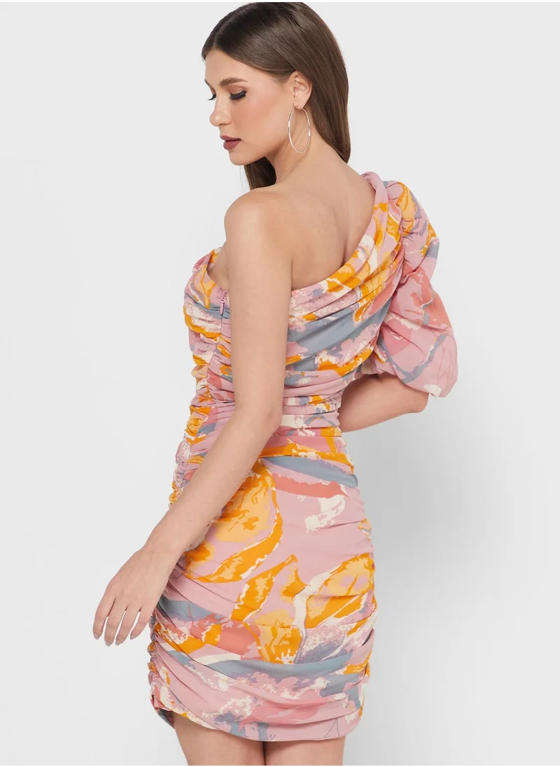 Chi-Chi London One Shoulder Printed Ruched Dress