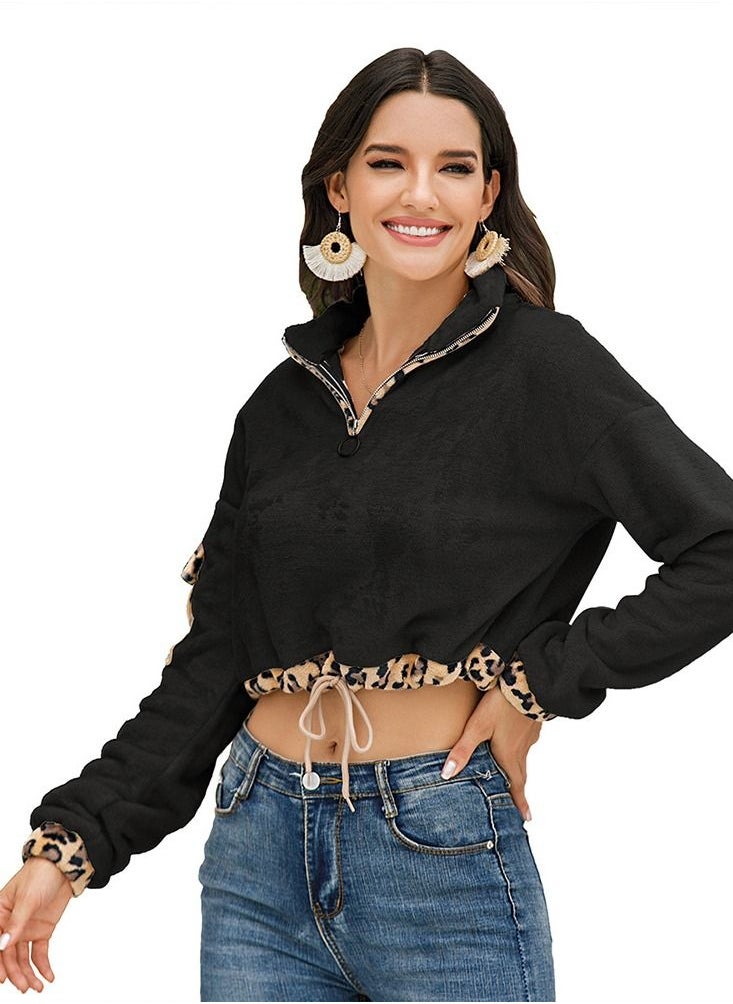 Loquat - Leopard Color Matching Drawstring Pullover Black - Image 1