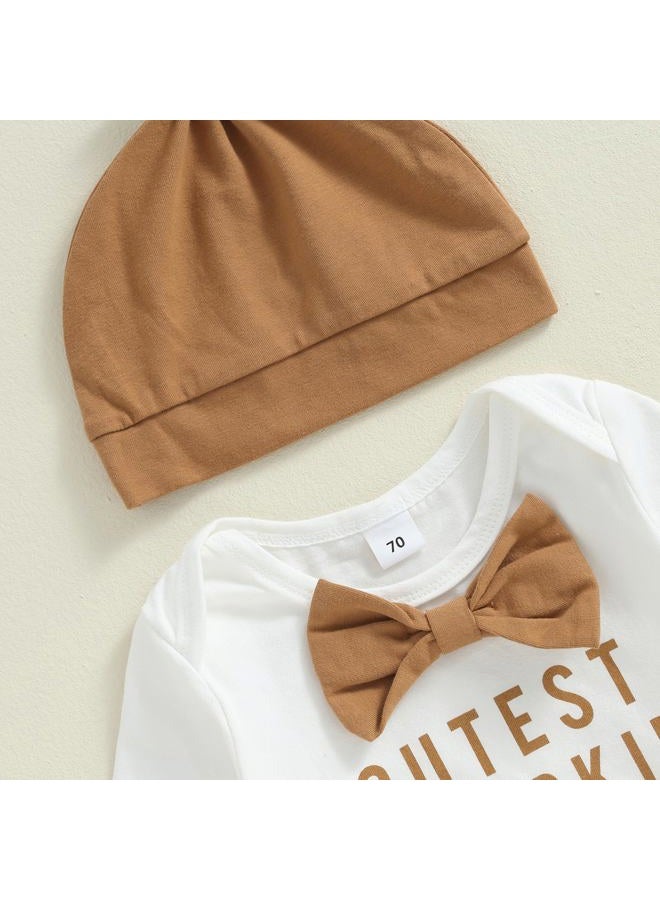 Lenjindjer Newborn Baby Boy Halloween Outfit Letter Print Long Sleeve Gentleman Romper Suspender Pants Hat 3pcs Fall Clothes (Khaki, 3-6 Months) - Image 4