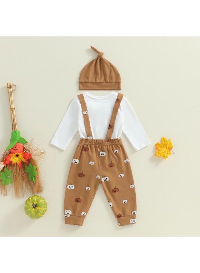 Lenjindjer Newborn Baby Boy Halloween Outfit Letter Print Long Sleeve Gentleman Romper Suspender Pants Hat 3pcs Fall Clothes (Khaki, 3-6 Months) - Image 3