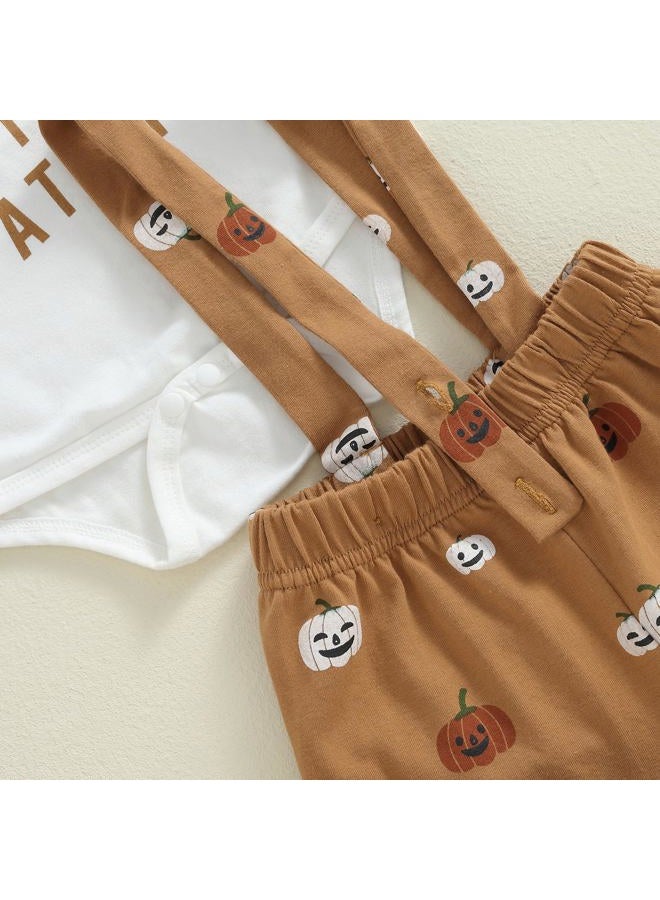 Lenjindjer Newborn Baby Boy Halloween Outfit Letter Print Long Sleeve Gentleman Romper Suspender Pants Hat 3pcs Fall Clothes (Khaki, 3-6 Months) - Image 5