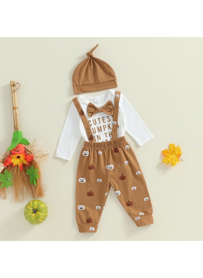 Lenjindjer Newborn Baby Boy Halloween Outfit Letter Print Long Sleeve Gentleman Romper Suspender Pants Hat 3pcs Fall Clothes (Khaki, 3-6 Months) - Image 2