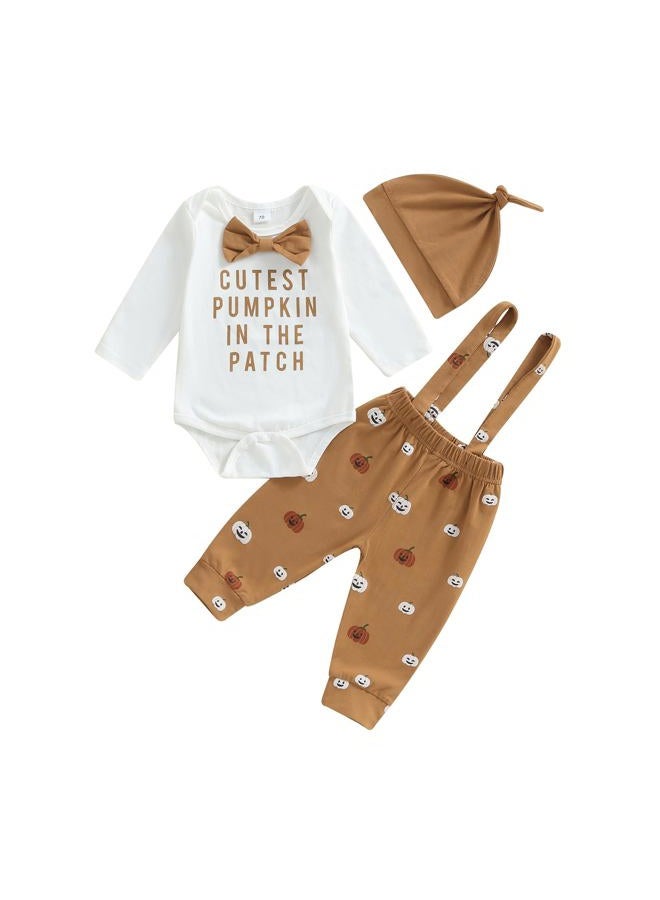 Lenjindjer Newborn Baby Boy Halloween Outfit Letter Print Long Sleeve Gentleman Romper Suspender Pants Hat 3pcs Fall Clothes (Khaki, 3-6 Months) - Image 1
