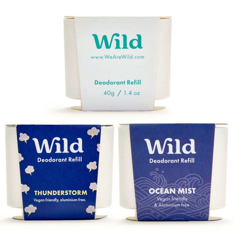 Wild Aluminum Free Refillable Deodorant Variety Pack for Men - 98% Natural Ingredients - Fresh Clean Scents Include Fresh Cotton & Sea Salt, Ocean Mist & Thunderstorm - Long Lasting Protection - Image 1