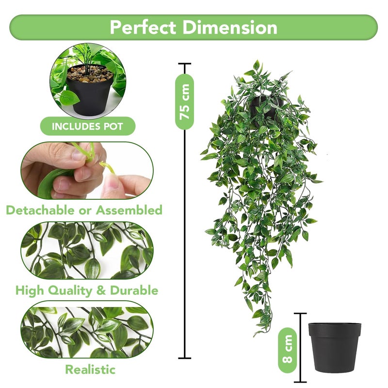 Ekhasa Nostrae Pothos Hanging Artificial Plants with Pot (Set of 2) | Money Plant Artificial Hanging Plants for Decor | Epipremnum Falling Creepers Climbers Fake Vines with Hanging Pots (Mandala) - Image 2