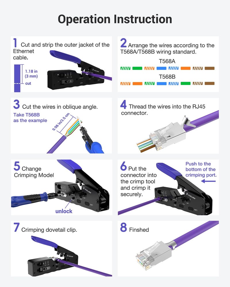 VCELINK RJ45 Crimp Tool, All-In-One Ethernet Pass Through Crimper for CAT7 CAT6A CAT6 CAT5e CAT5 Ethernet Connectors by Screw Adjustment, RJ45 and RJ11/RJ12 Crimping Tool with Mini Stripper - Image 5