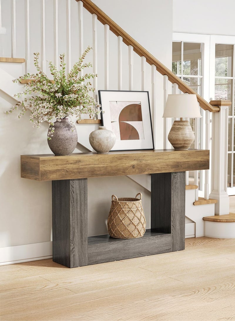 يانارا طاولة كونسول ارتفاع 160 سم، طاولة مدخل طويلة وضيقة للصالة، طاولة مزرعة من طابقين خلف الأريكة، طاولة رواق خشبية بقاعدة متينة وثقيلة - Image 1