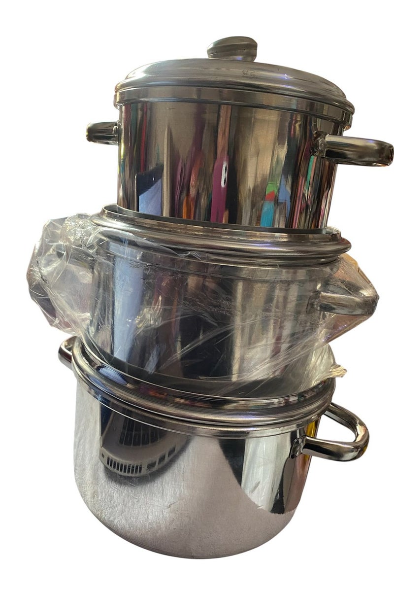 Aluminum cooking pot with two handles - Components - 3 pots of different sizes - For cooking rice, vegetables, eggs, and many other uses - Image 1