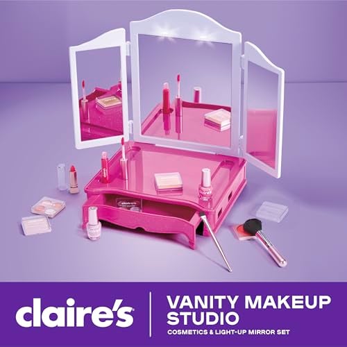 claire's طقم مكياج كليرز مع مرآة ثلاثية الألواح المضيئة مع 13 قطعة لمجموعة مستحضرات التجميل الحقيقية للعب التمثيلي للأطفال 812 ألعاب الفتيات هدية نشاط تجميل مع ملمع الشفاه وأحمر الشفاه وطلاء الأظافر والمزيد - Image 5