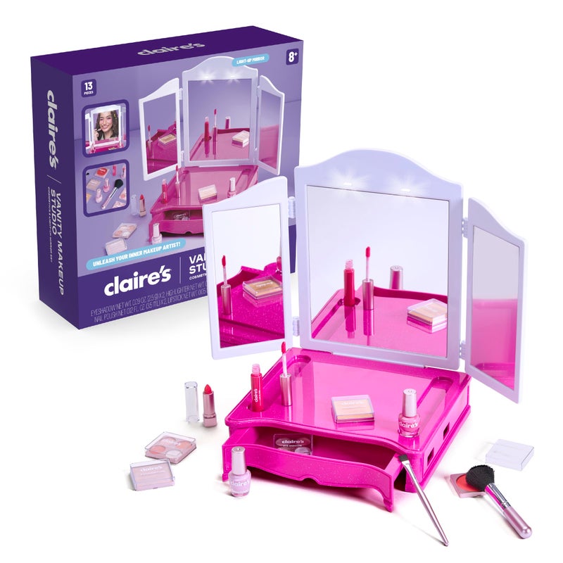 claire's طقم مكياج كليرز مع مرآة ثلاثية الألواح المضيئة مع 13 قطعة لمجموعة مستحضرات التجميل الحقيقية للعب التمثيلي للأطفال 812 ألعاب الفتيات هدية نشاط تجميل مع ملمع الشفاه وأحمر الشفاه وطلاء الأظافر والمزيد - Image 2