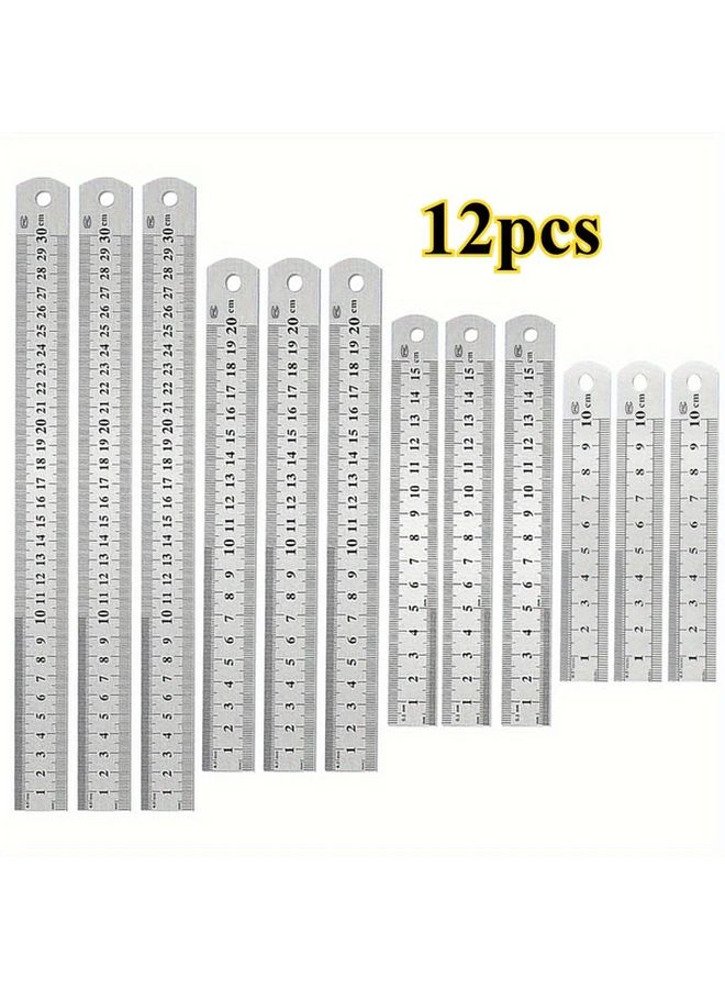 12pcs Stainless Steel Double Sided Ruler Set 4 6 8 12 Inch 3 of Each Size - Image 1