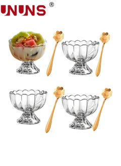 UNUNS Glass Ice Cream Bowls Set Of 4 With Spoons,Classic Footed Dessert Cups,Classic Footed Dessert Cups,Mini Sorbet Glasses,Glass Dessert Bowls,For Sundae/ Ice Cream/Fruit/Salad/Snack,For Family Parties  - Image 1
