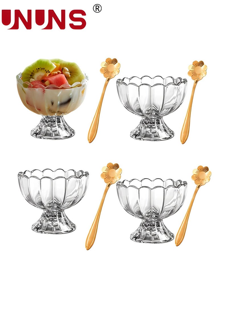 UNUNS Glass Ice Cream Bowls Set Of 4 With Spoons,Classic Footed Dessert Cups,Classic Footed Dessert Cups,Mini Sorbet Glasses,Glass Dessert Bowls,For Sundae/ Ice Cream/Fruit/Salad/Snack,For Family Parties  - Image 1