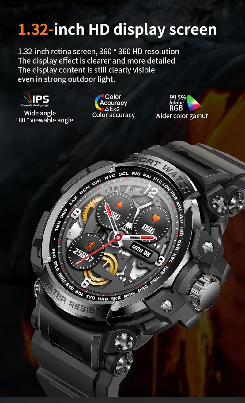Smartwatch, Indestructible IP68 Waterproof Tactical Watch, 1.32" HD Screen, 10 Days Battery, Fitness Activity Tracker, Compatible with iOS & Android (Black) - Image 4