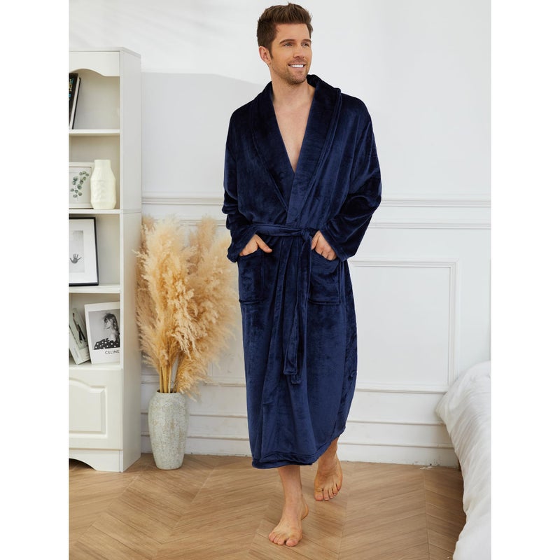 U2SKIIN Mens Fleece Robe Plush Collar Shawl Bathrobe(Navy,S/M) - Image 3