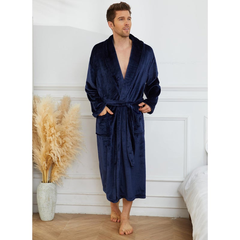 U2SKIIN Mens Fleece Robe Plush Collar Shawl Bathrobe(Navy,S/M) - Image 2