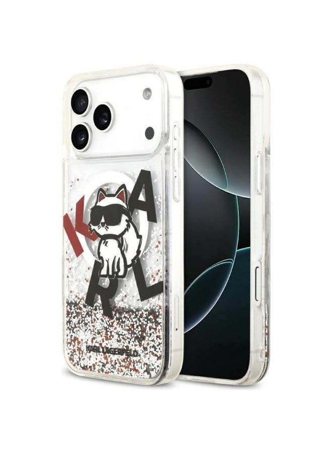 كارل لاغرفيلد جراب كارل لاغرفيلد السائل اللامع بشعار تشوبيت ماج سيف لهاتف آيفون 17 برو ماكس - شفاف - Image 1