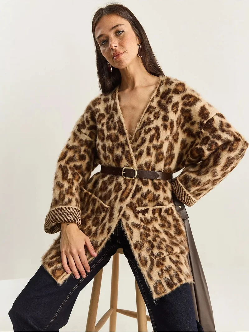 بيانكو لوتشي LUCCI Oversized Long Cardigan with Leopard Print and Pockets