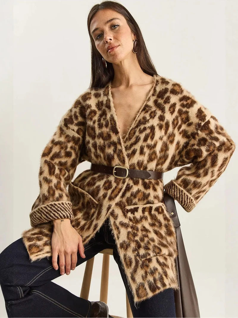 LUCCI Oversized Long Cardigan with Leopard Print and Pockets