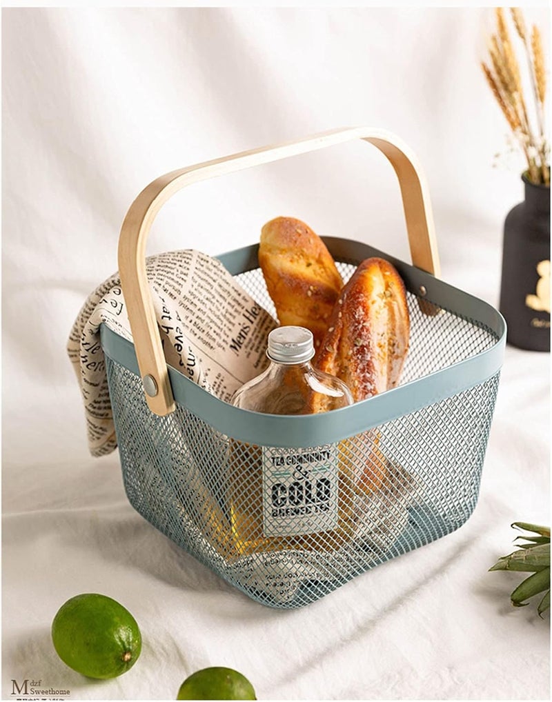 AJIODA Metal Mesh Steel Basket, Storage Organizer Basket Multi-functional Hanging Kitchen Baskets Fruit Basket Bin with Bamboo Handle for Kitchen Bathroom Picnic Shopping Decor Cabinet Home, Blue - Image 2