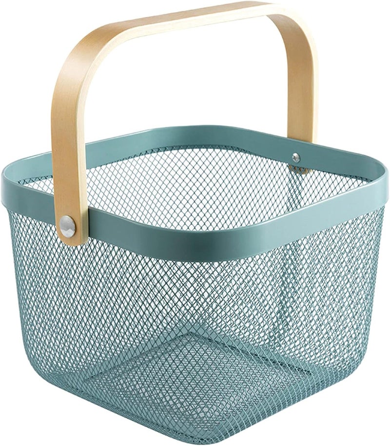 AJIODA Metal Mesh Steel Basket, Storage Organizer Basket Multi-functional Hanging Kitchen Baskets Fruit Basket Bin with Bamboo Handle for Kitchen Bathroom Picnic Shopping Decor Cabinet Home, Blue - Image 1