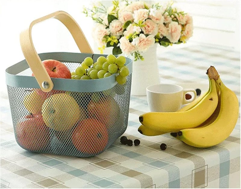 AJIODA Metal Mesh Steel Basket, Storage Organizer Basket Multi-functional Hanging Kitchen Baskets Fruit Basket Bin with Bamboo Handle for Kitchen Bathroom Picnic Shopping Decor Cabinet Home, Blue - Image 3