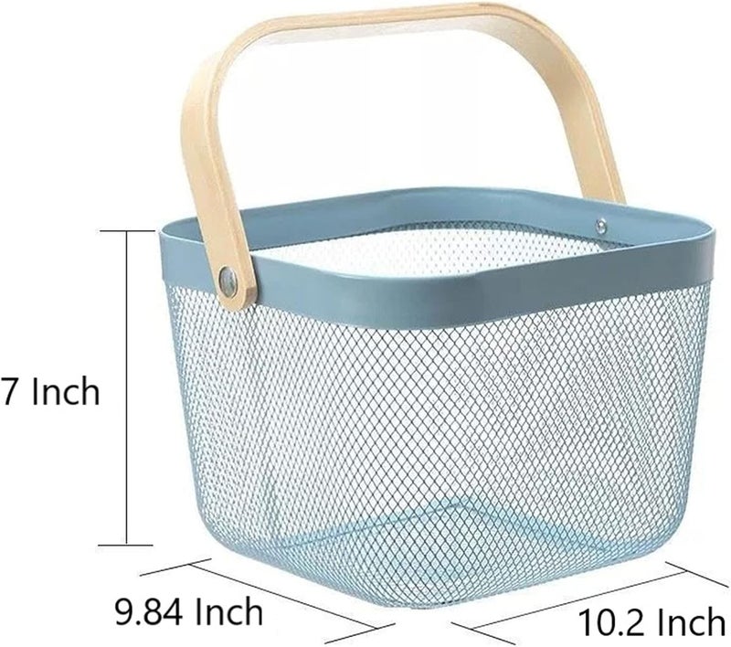 AJIODA Metal Mesh Steel Basket, Storage Organizer Basket Multi-functional Hanging Kitchen Baskets Fruit Basket Bin with Bamboo Handle for Kitchen Bathroom Picnic Shopping Decor Cabinet Home, Blue - Image 4