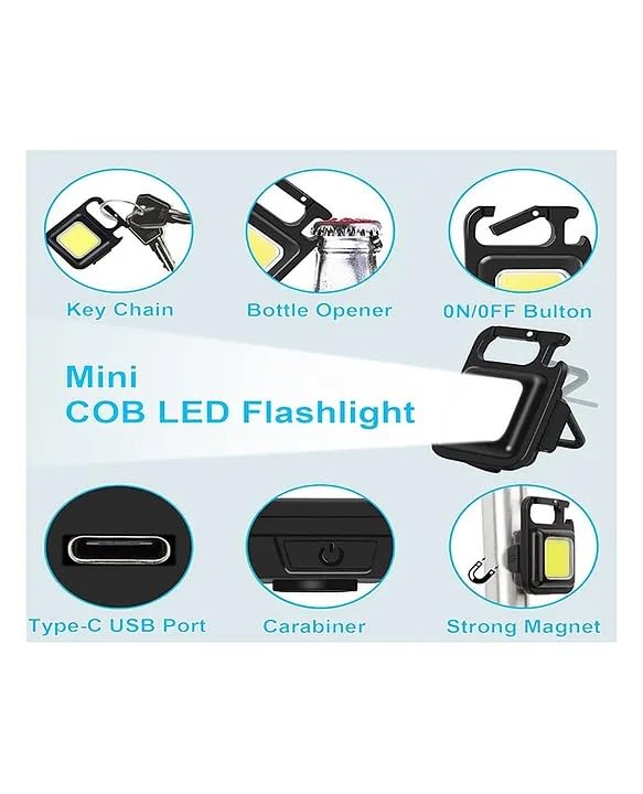 Sun Keychain Led Light with Bottle Opener Magnetic Base and Folding Bracket Mini COB 1000 Lumens Rechargeable Emergency Light for Fishing Walking Outdoors and CampingSquare with 4 Modes  - Image 2