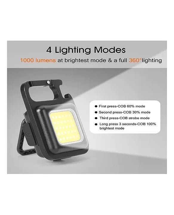 Sun Keychain Led Light with Bottle Opener Magnetic Base and Folding Bracket Mini COB 1000 Lumens Rechargeable Emergency Light for Fishing Walking Outdoors and CampingSquare with 4 Modes  - Image 5