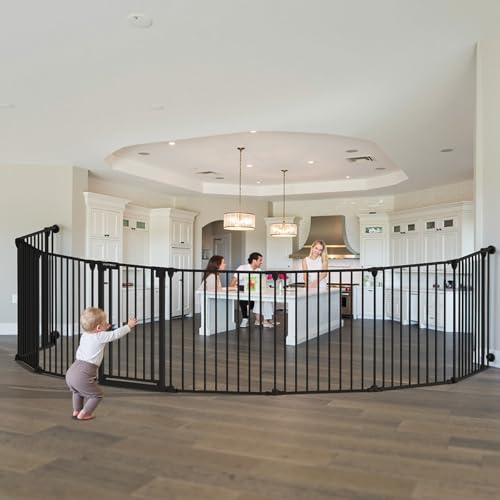 Mumeasy 199" Extra Wide Baby Gate, Play Yard Child Safety Gate, Dog Gates with Auto-Close Door, Double Locking System for The House Doorways, Fireplace, Kitchen, 8-Panels, 30" Tall - Image 1