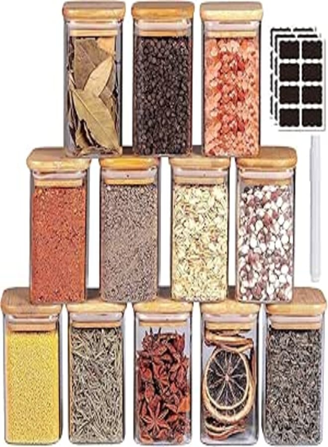 TYESO 12 Pcs Glass Jars Set, 260 ML Glass Spice Jars Set with Bamboo Airtight Lids and Labels, Food Cereal Storage Spice Containers for Home Kitchen Tea Herbs Coffee Flour Herbs Grains (Square)