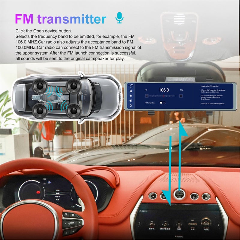 Mirror Dash Cam with Wireless Apple Carplay&Android Auto,11.26" Voice Control Rear View Mirror 1080P Front and Rear View Dual Cameras,FM Transmitter,Night Vision,Parking Assistance, WDR,Loop Recording - Image 2