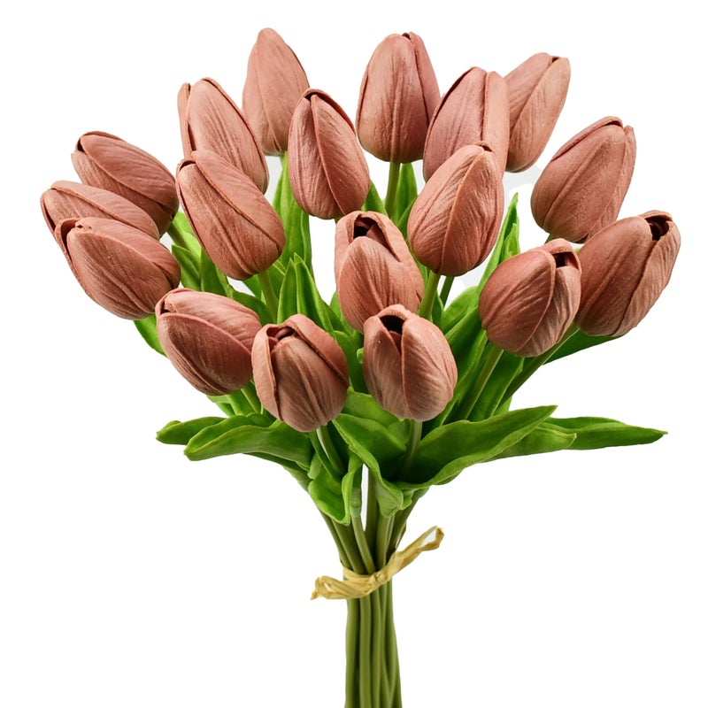Mandy's Artificial Tulips 20 Stems Mauve PU Faux Flowers for Valentine's Day and Easter Decorations Wedding Home Decor 13.5 Inch - Image 1