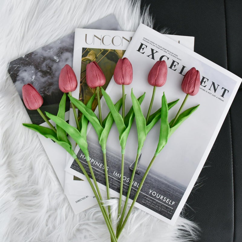 Mandy's Artificial Tulips 20 Stems Mauve PU Faux Flowers for Valentine's Day and Easter Decorations Wedding Home Decor 13.5 Inch - Image 5