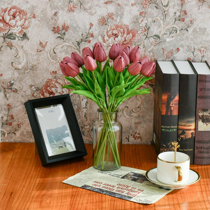 Mandy's Artificial Tulips 20 Stems Mauve PU Faux Flowers for Valentine's Day and Easter Decorations Wedding Home Decor 13.5 Inch - Image 3