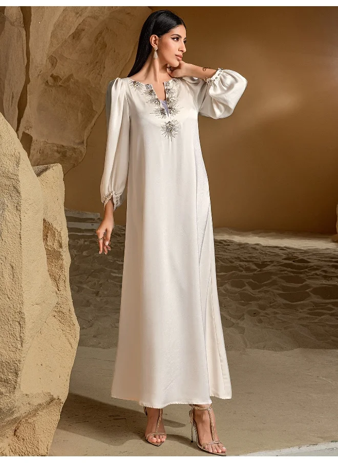 Madam Uniq Elegant Muslim Long Sleeve Dress with Handmade Beaded Embellishments Abaya