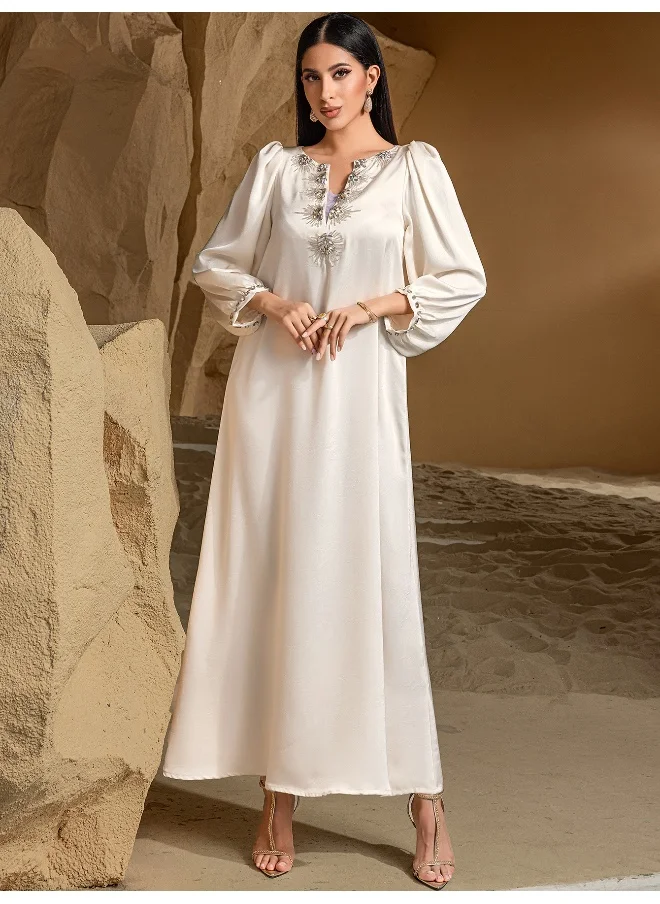 Madam Uniq Elegant Muslim Long Sleeve Dress with Handmade Beaded Embellishments Abaya