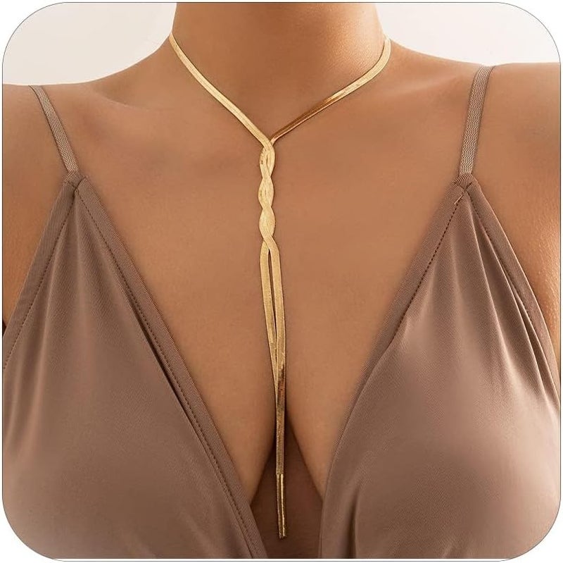 Excefore Metal Style Long Twisted Snake Chain Necklace, Boho Statement Y Shaped Herringbone, Suitable for Women Gift - Image 1