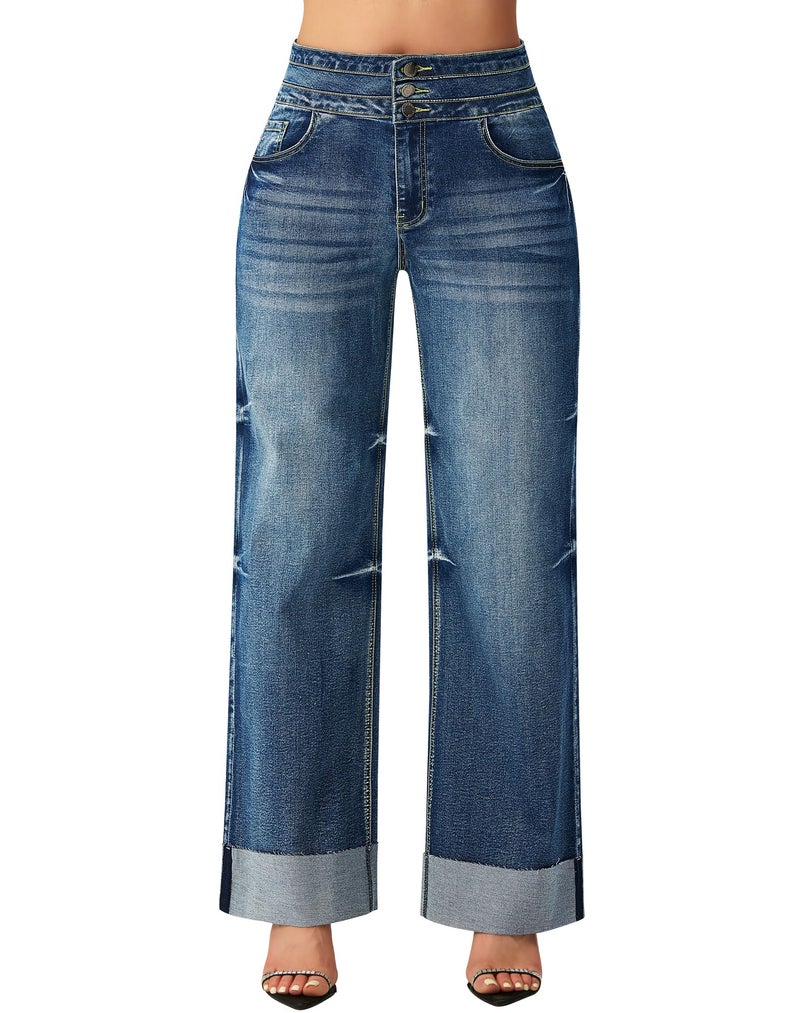 roswear Womens High Waisted Stretchy Wide Leg Jeans Cuffed Baggy Jeans Loose Denim Pants Light Blue XLarge