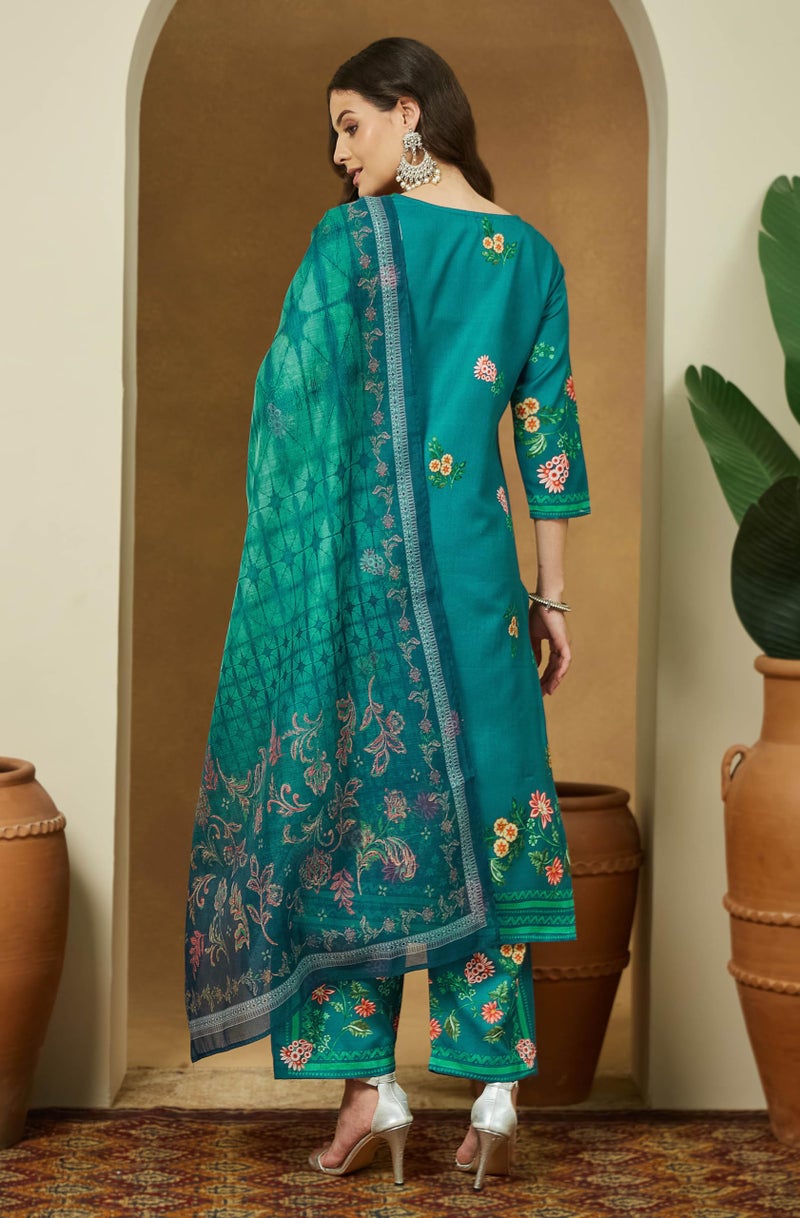 Janasya Women's Teal Green Cotton Blend Floral Printed Pakistani Straight Kurta Set (JAC25ST02955-M) - Image 4