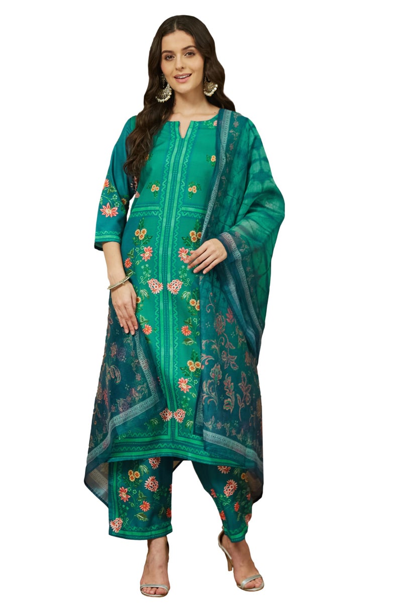 Janasya Women's Teal Green Cotton Blend Floral Printed Pakistani Straight Kurta Set (JAC25ST02955-M) - Image 1