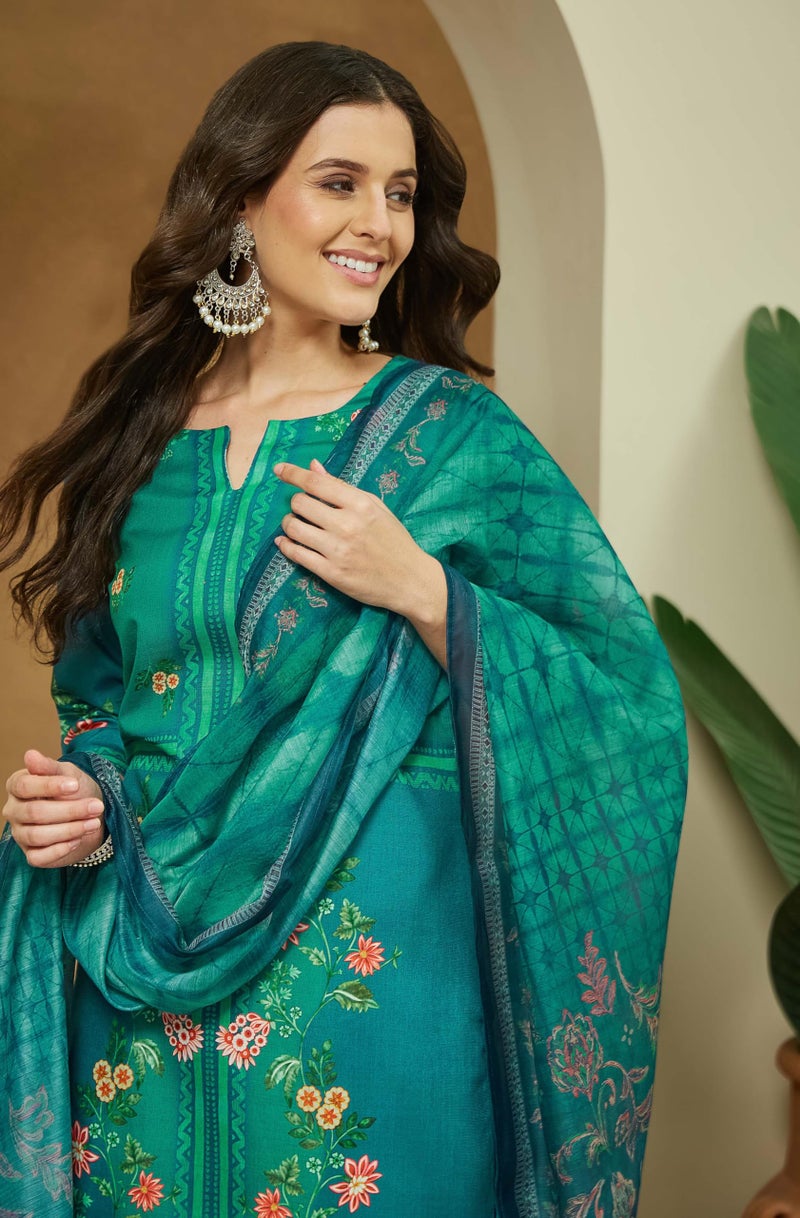 Janasya Women's Teal Green Cotton Blend Floral Printed Pakistani Straight Kurta Set (JAC25ST02955-M) - Image 3