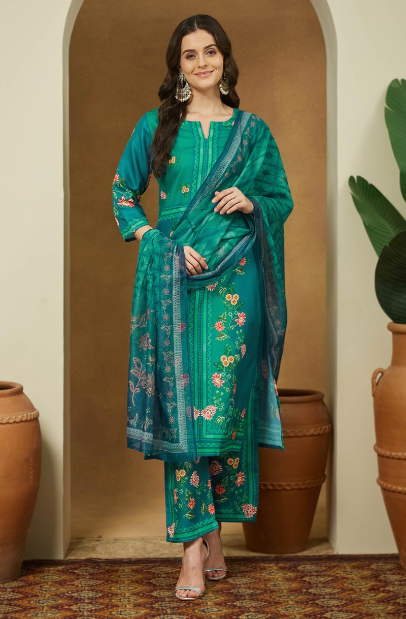 Janasya Women's Teal Green Cotton Blend Floral Printed Pakistani Straight Kurta Set (JAC25ST02955-M) - Image 2